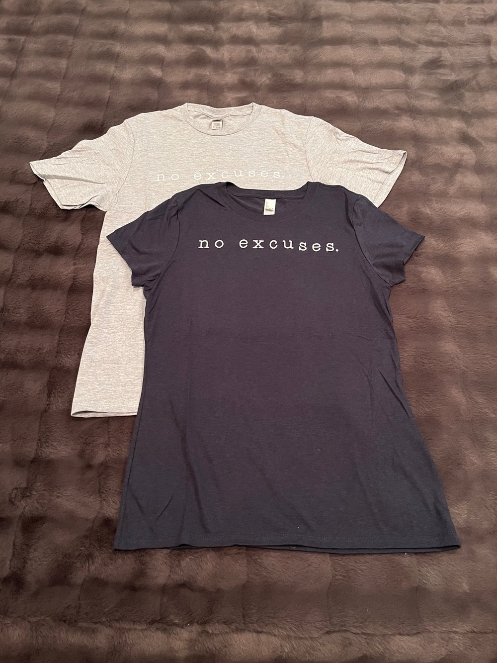 Two (2) No Excuses Short Sleeve Graphic T-Shirts - Gray & Navy (Small) - NWOT